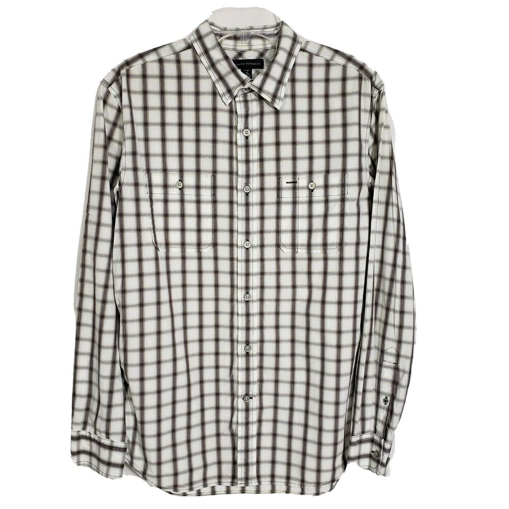 Banana Republic Mens Shirt M 15-15 1/2 Brown Plaid Long Sleeve Button Up Pockets